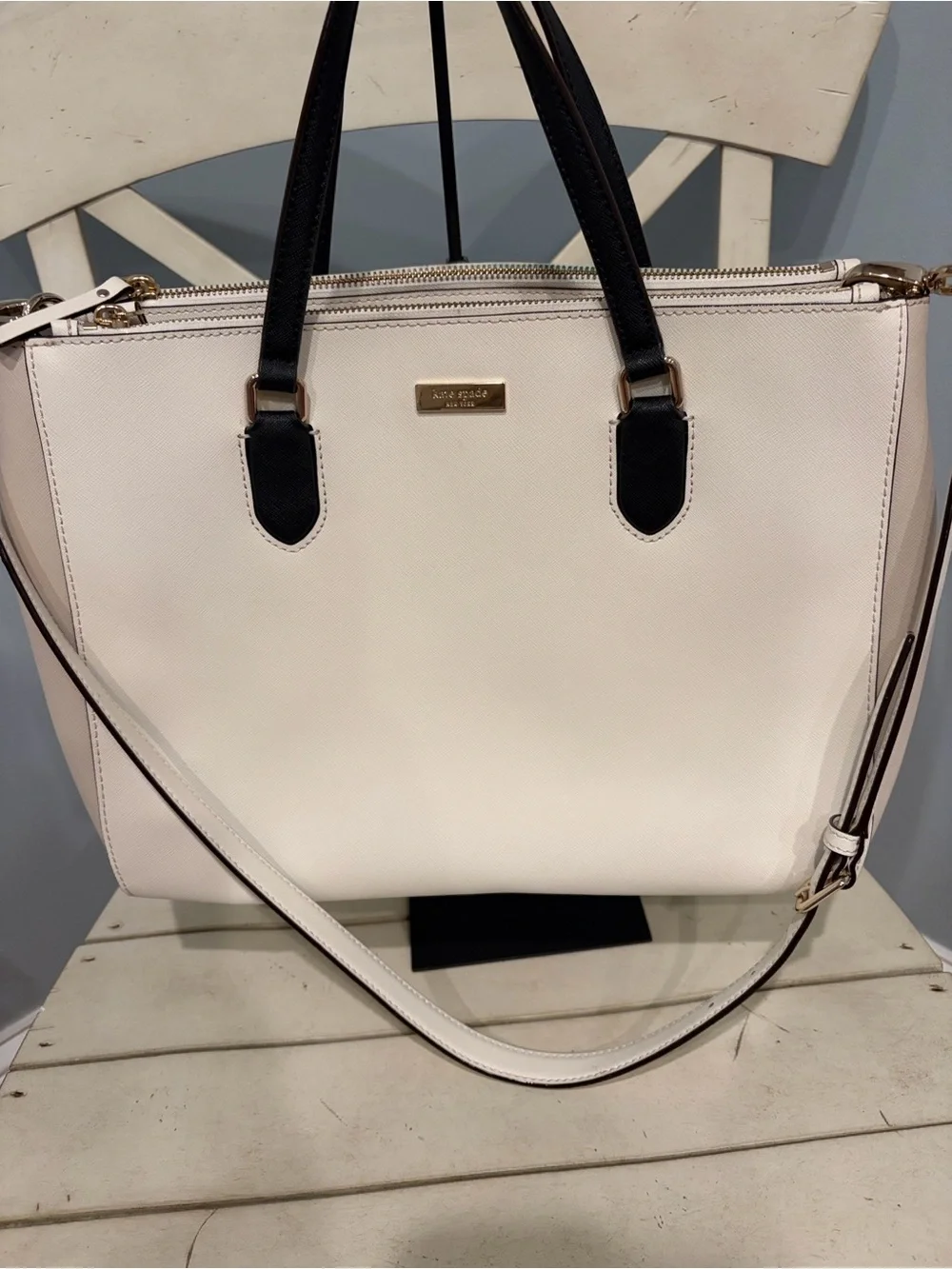 kate spade Cream and Black Leather Tote with Gold Hardware